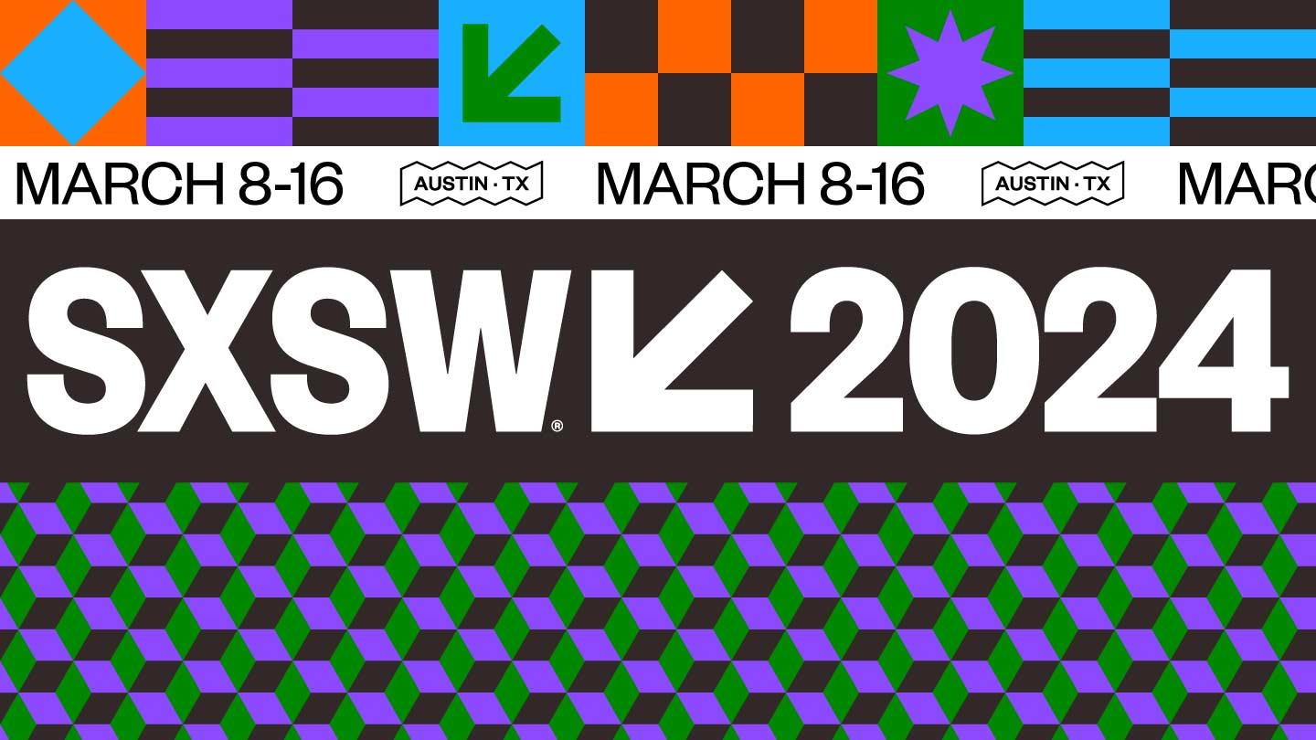 An abstract, colorful graphic promoting south by southwest (sxsw) 2024, scheduled for march 8-16 in austin, texas
